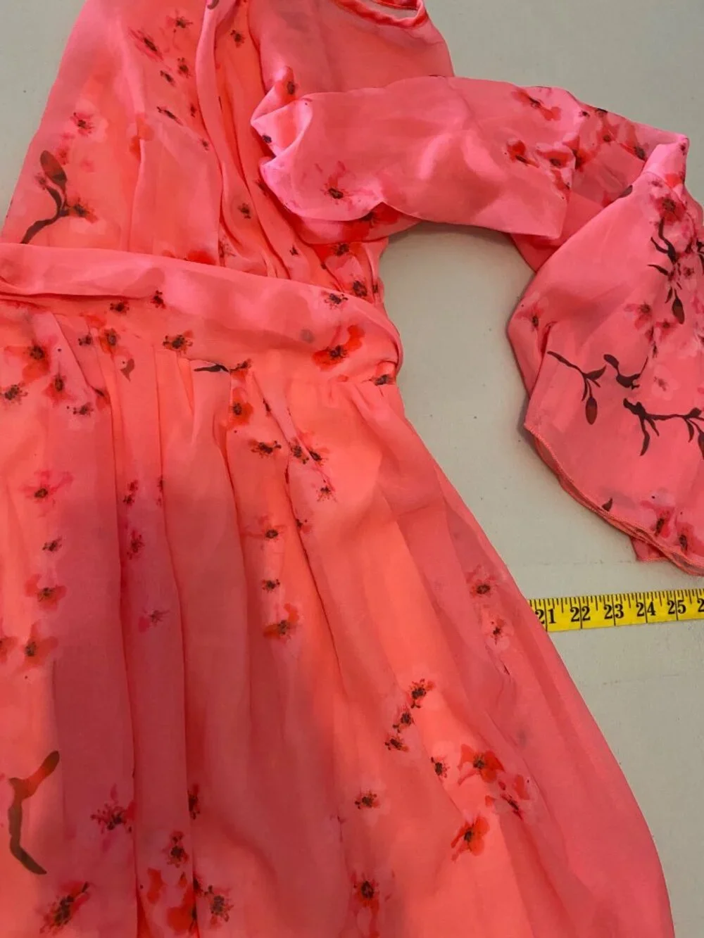 Floral Coral Pink Maxi Dress Sheer Bell Sleeves V-Neck Waist Tie XL - Picture 10 of 11